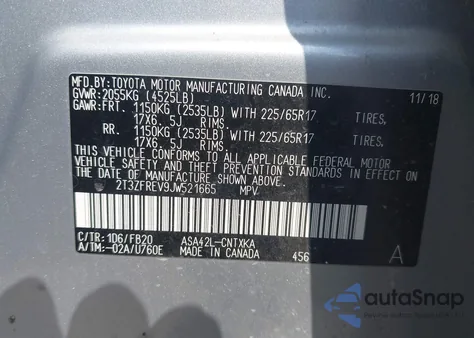 2018 Toyota Rav4 Le z USA, uszkodzony, nr VIN 2T3ZFREV9JW521665